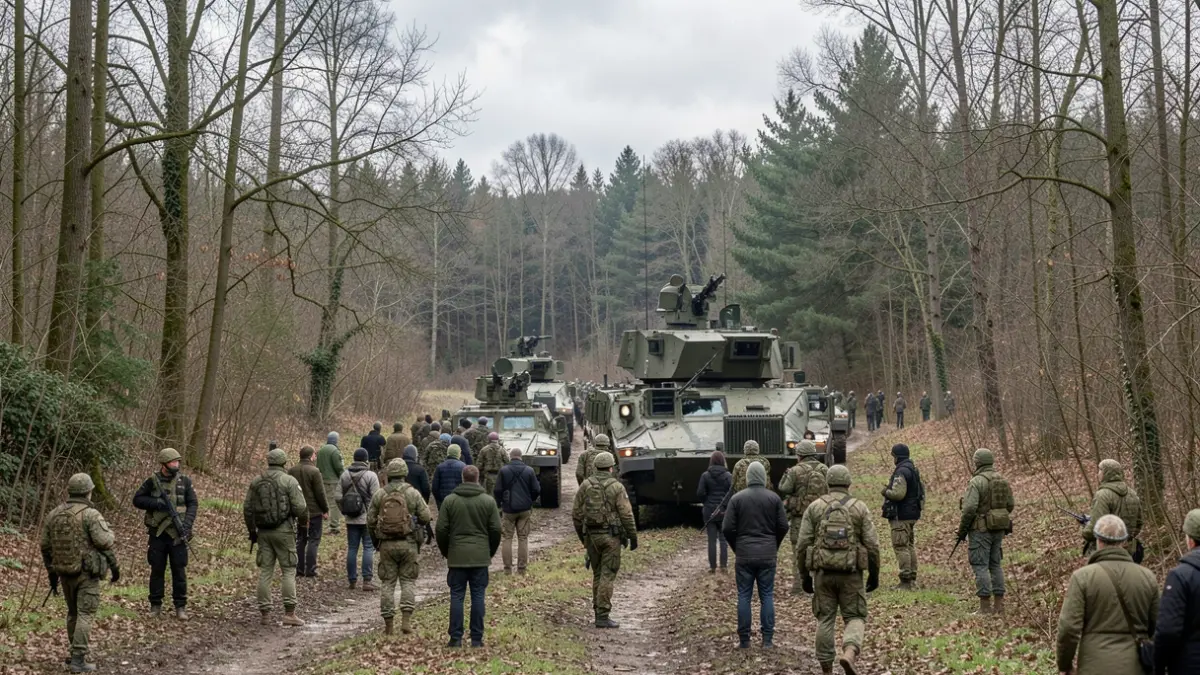 Generic image of military vehicles during an exercise in a Wallonie landscape.