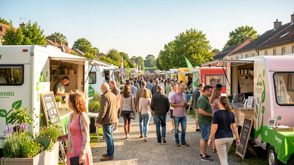 Image générique d'un festival en plein air à la campagne, avec des stands et des gens qui se promènent. Ambiance festive et écologique.