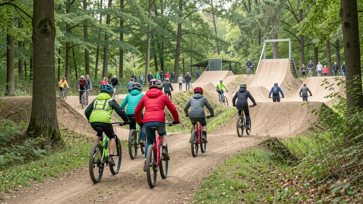 Image générique de vététistes sur des pistes aménagées dans un bois en Wallonie.