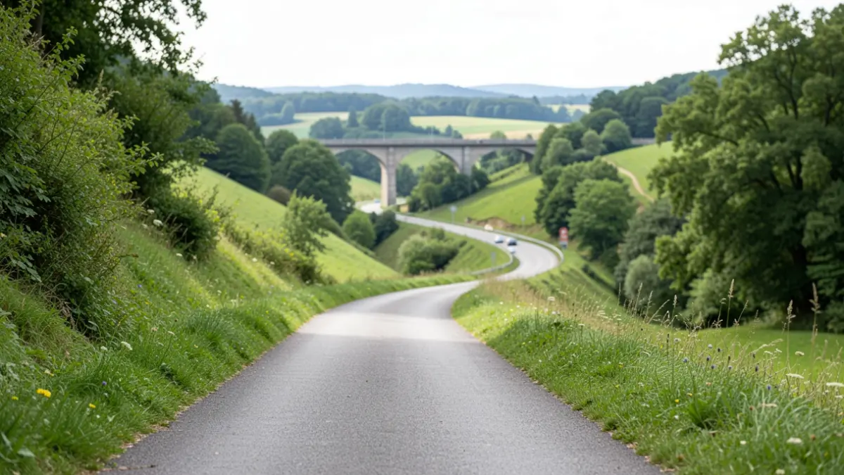 Image générique d'un aménagement cyclable en Ardenne, avec un chemin, un viaduc et une route.