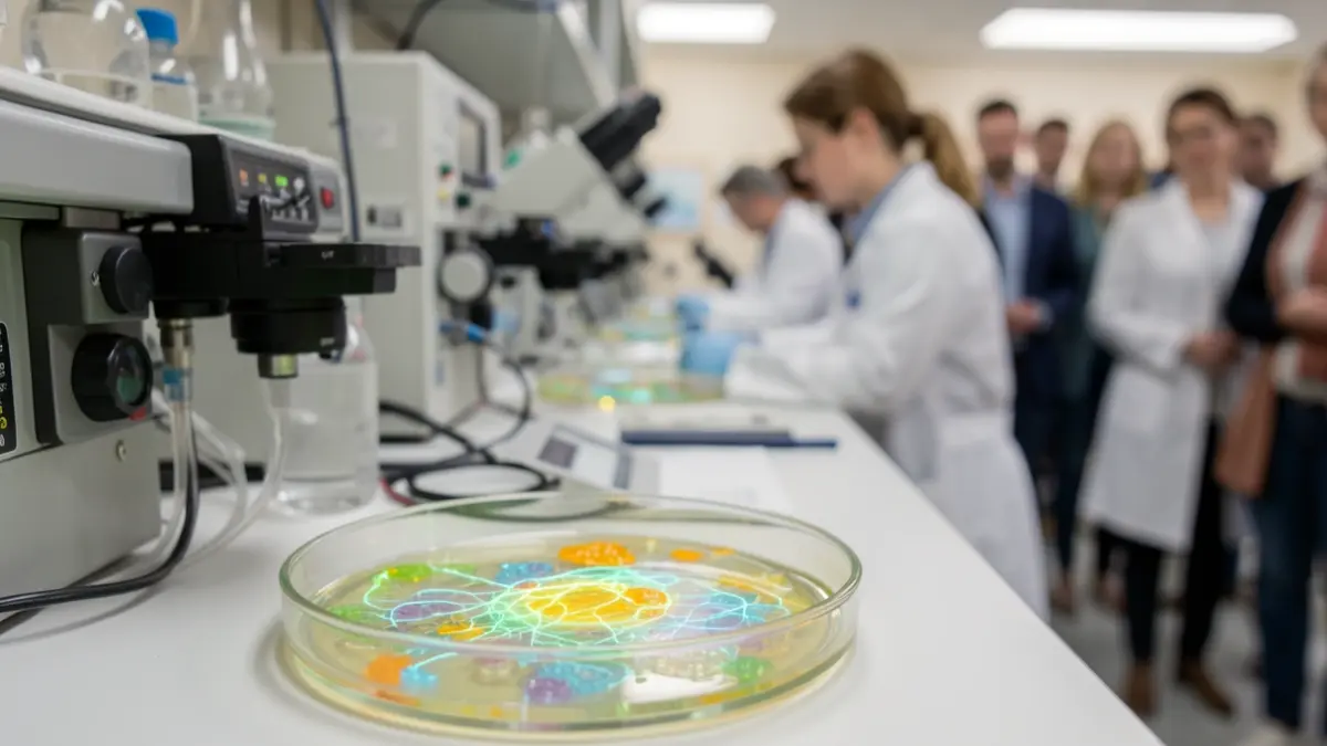 Gros plan d'un laboratoire de recherche médicale avec équipement de pointe, scientifiques en blouse blanche travaillant en arrière-plan flou, lumière ambiante douce, mise au point sur une boîte de Pétri.
