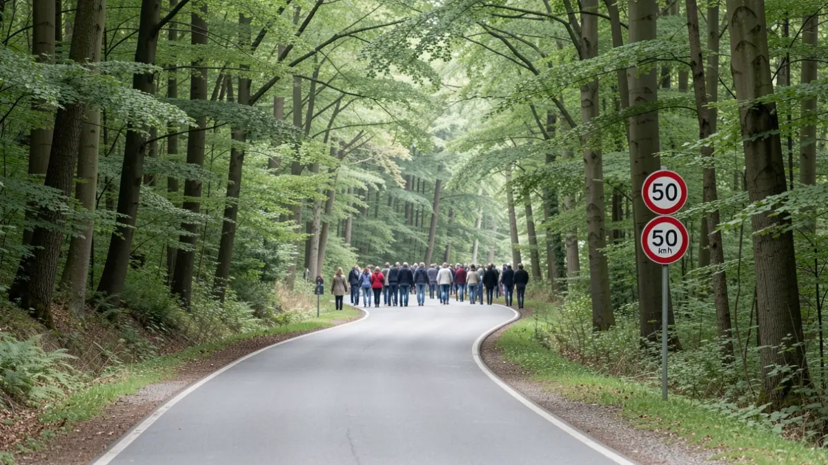 Generic image of a forest road in Wallonia with a speed limit sign. Documentary photography style.