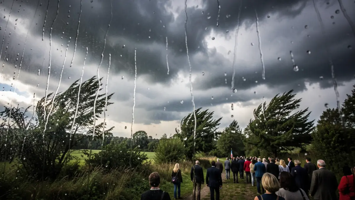 Image générique de ciel orageux avec des arbres balayés par le vent et des gouttes de pluie sur une vitre, dans un paysage belge.