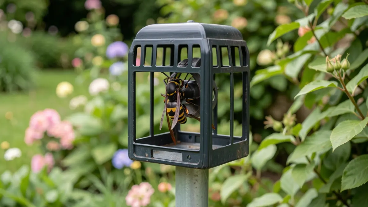 Image générique d'un piège sélectif pour frelons asiatiques dans un jardin.