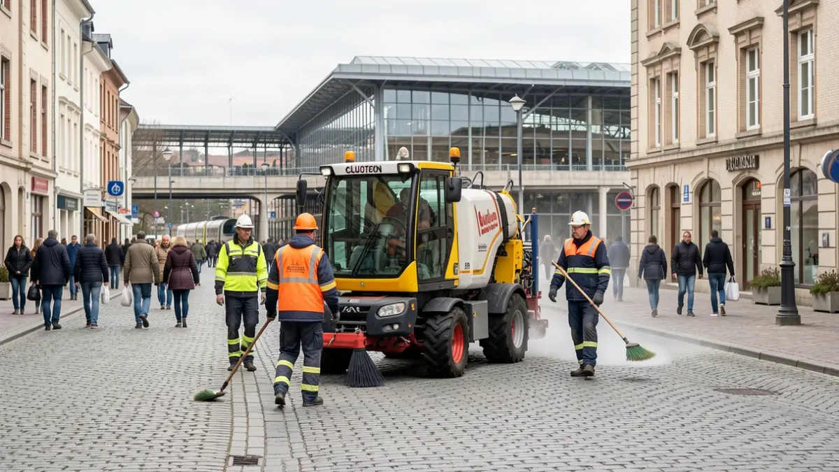 Agents communaux nettoyant le centre-ville de Gembloux près de la gare avec un Glutton.