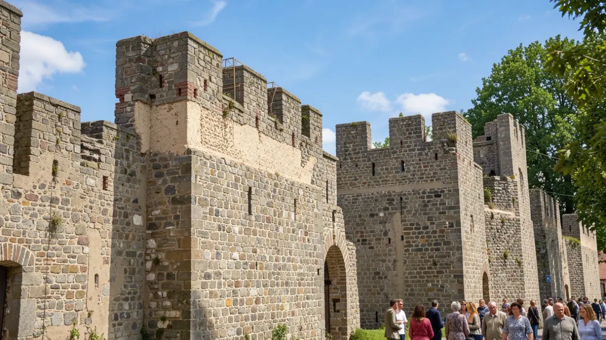Image générique de vestiges de fortifications médiévales en pierre sous un ciel bleu, avec des éléments en cours de restauration.