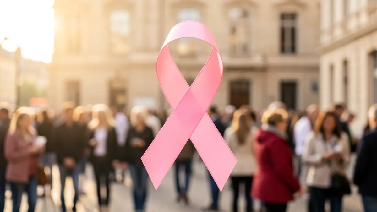 Image générique d'un ruban rose, symbole de la lutte contre le cancer du sein, sur un fond flou évoquant un bâtiment public ou un événement communautaire. Lumière chaude et optimiste.
