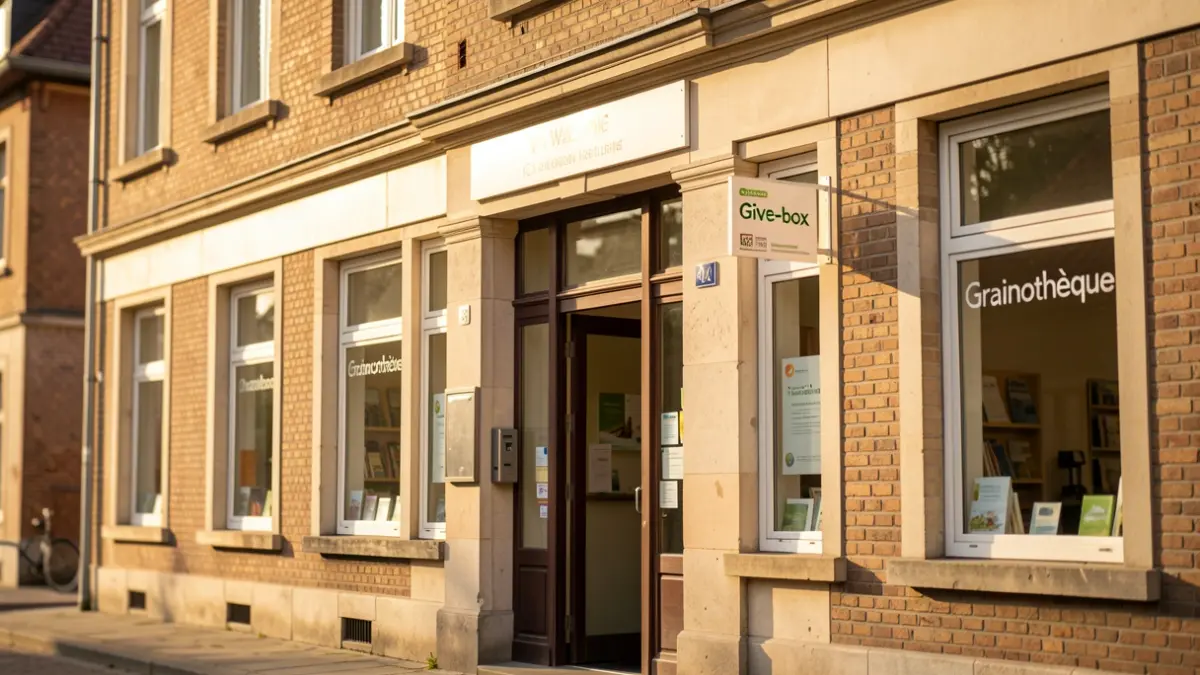 Façade d'une bibliothèque communale de Wallonie avec une entrée accueillante, une pancarte indiquant 'Give-box' et 'Grainothèque', soleil d'après-midi.
