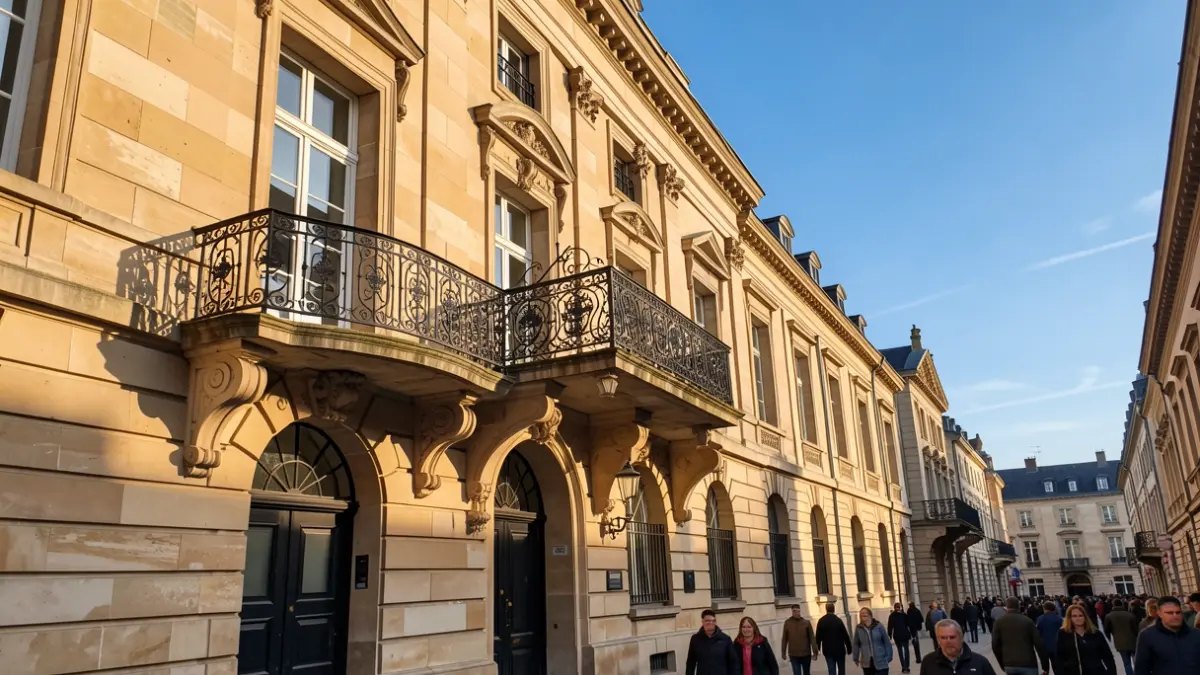 Image générique de la façade d'un bâtiment communal en pierre, avec un balcon orné et des barreaux en fer, sous un soleil d'après-midi.