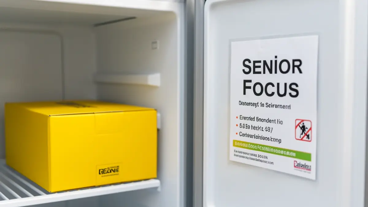 Yellow 'Senior Focus' box inside a refrigerator, with a sticker on the door for emergency services. Home safety image.