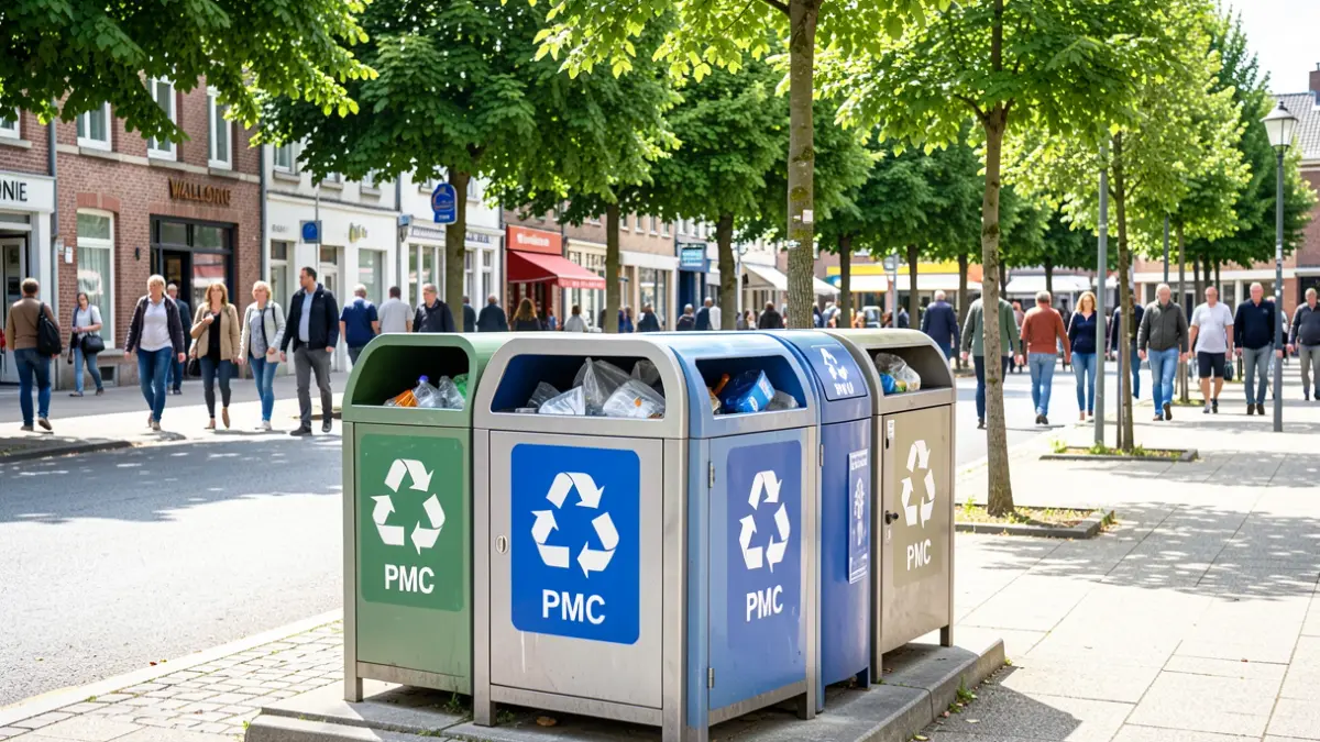 Nouvelles poubelles de tri PMC installées dans l'espace public de la commune d'Hélécine pour faciliter le recyclage.