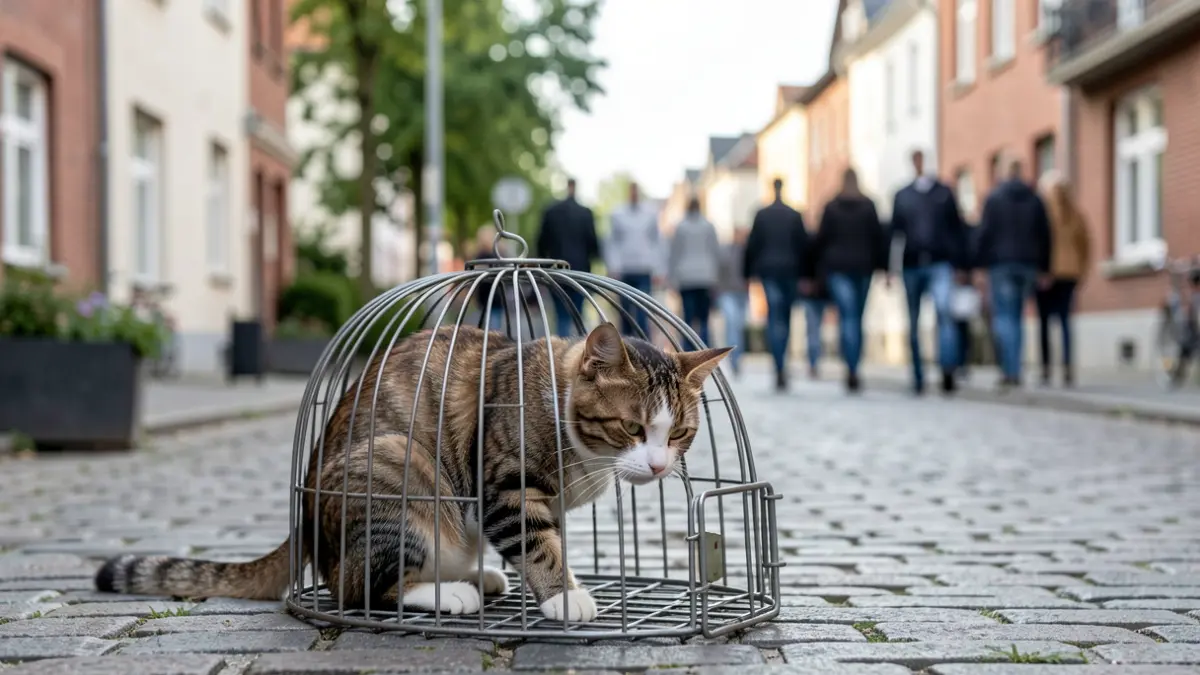 Generic image of a stray cat being captured in a humane trap, residential street in the background, natural light.