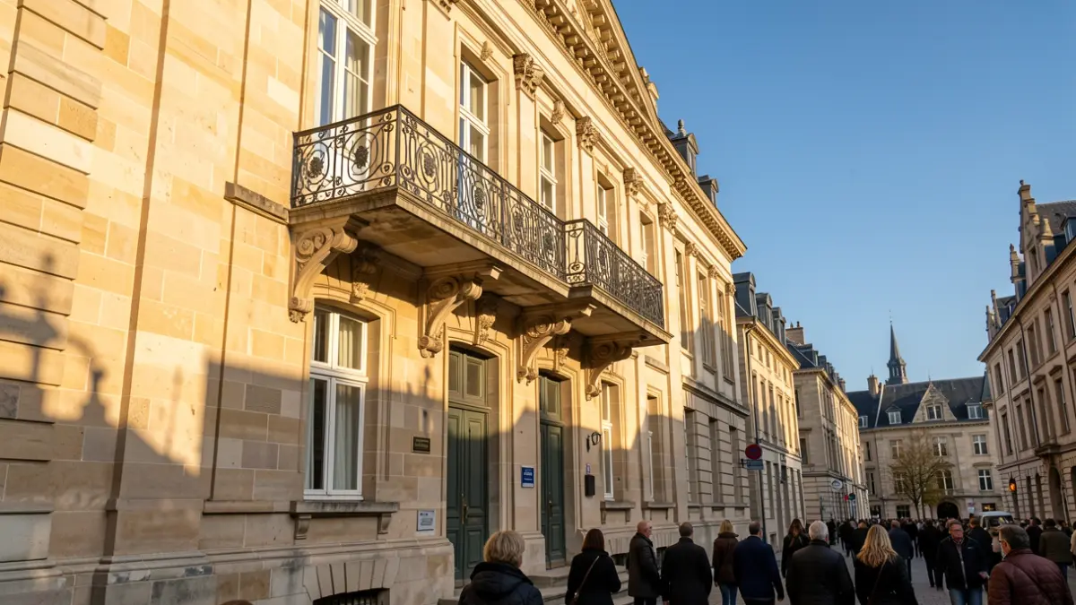 Image générique de la façade d'un bâtiment officiel en pierre, avec un balcon orné et des barreaux en fer, sous un soleil d'après-midi.