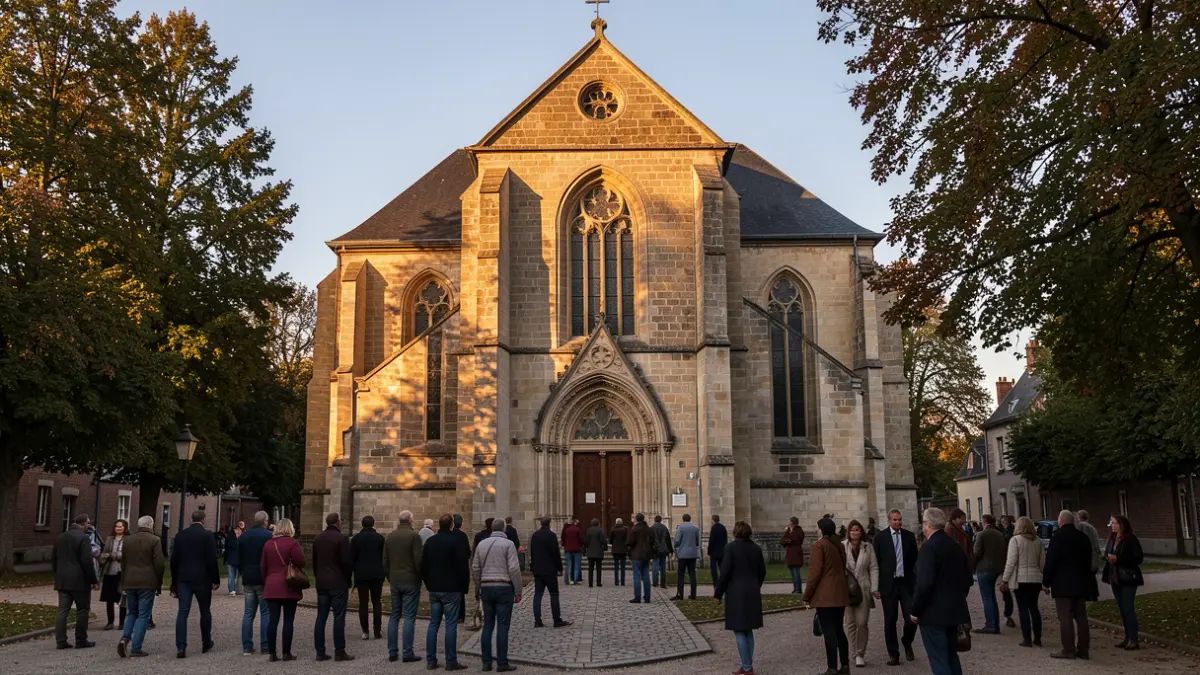 Façade de l'église de Houdemont, un édifice historique en pierre baigné par la lumière du soir.