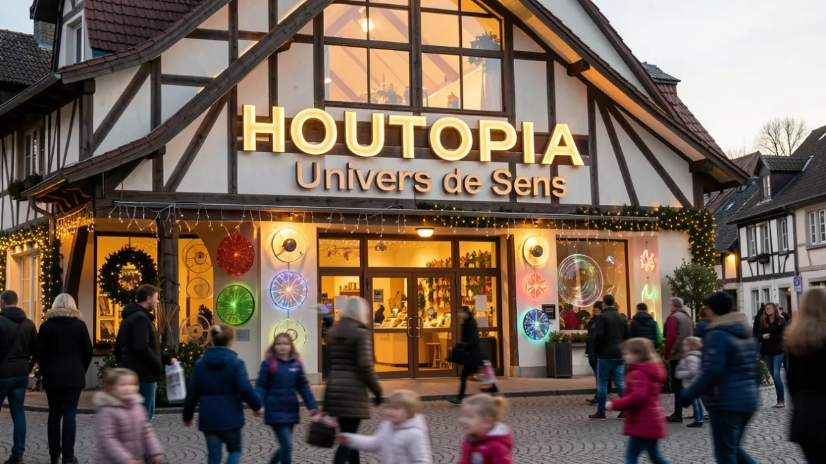 Façade du bâtiment Houtopia 'Univers de Sens' à Houffalize, Belgique, avec des éléments interactifs et sensoriels, dans une ambiance festive avec des silhouettes d'enfants et de familles en arrière-plan.