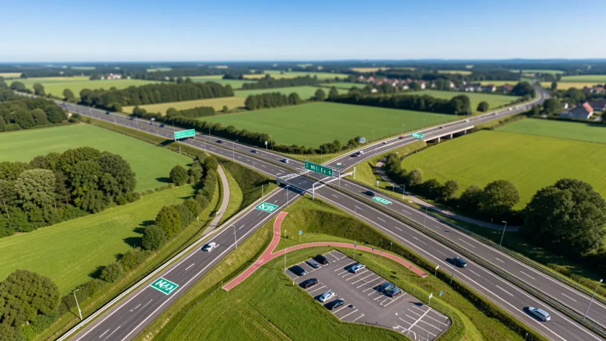 Vue aérienne d'un nouvel échangeur autoroutier à Mont-Saint-Guibert, reliant les routes N4, N25 et E411/A4, avec pistes cyclables et parking de covoiturage.