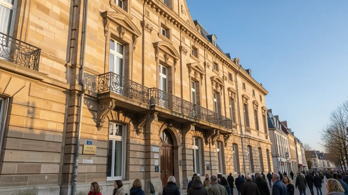 Image générique de la façade d'un bâtiment communal en pierre, avec un balcon orné et un ciel bleu.