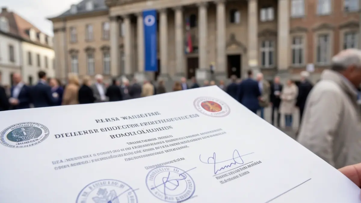 Image générique de documents officiels avec sceaux et signatures, sur fond flou d'une façade de maison communale en Wallonie.