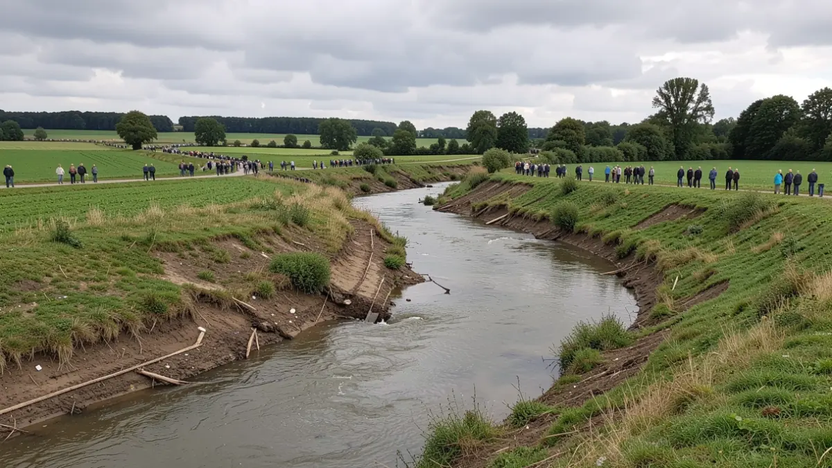 Image générique: montrant une rivière dans une vallée avec des signes de dégâts dus aux récentes crues sur les berges.