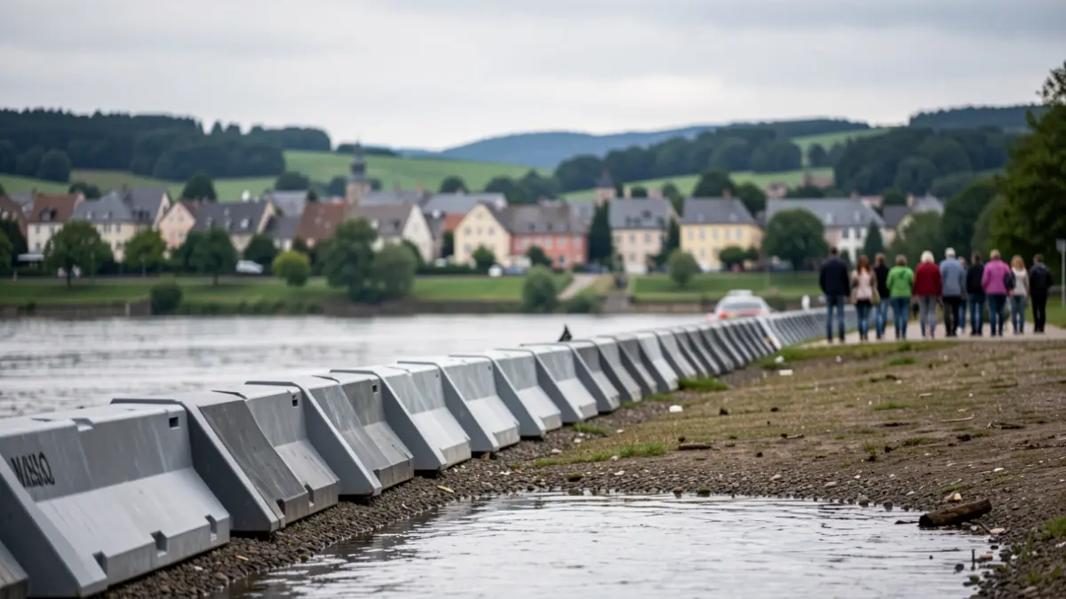 Image symbolique de la prévention des inondations en Wallonie, montrant des barrières de protection fluviale modernes devant une ville wallonne sous un ciel couvert.