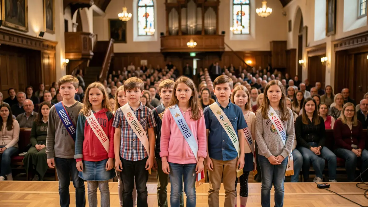 Image générique de jeunes conseillers communaux portant des écharpes symboliques lors d'une cérémonie d'installation dans un cadre institutionnel.