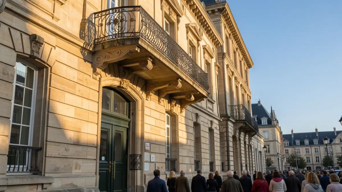 Image générique de la façade d'un bâtiment communal en pierre avec balcon orné et balustrade en fer forgé, sous un soleil d'après-midi chaud, ciel bleu.
