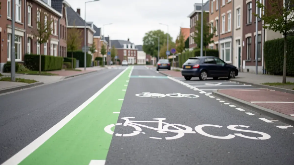 New suggested cycle lanes (BCS) painted on a Walloon commune's road for safe sharing.