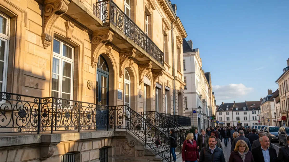 Image générique de la façade d'une maison communale de Wallonie avec balcon orné et balustrade en fer forgé, lumière chaude de l'après-midi sur les murs en grès, ciel bleu.