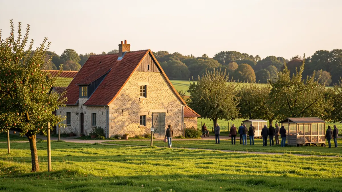 Generic image of a farm in Wallonia, with green fields and fruit trees under an afternoon sun.