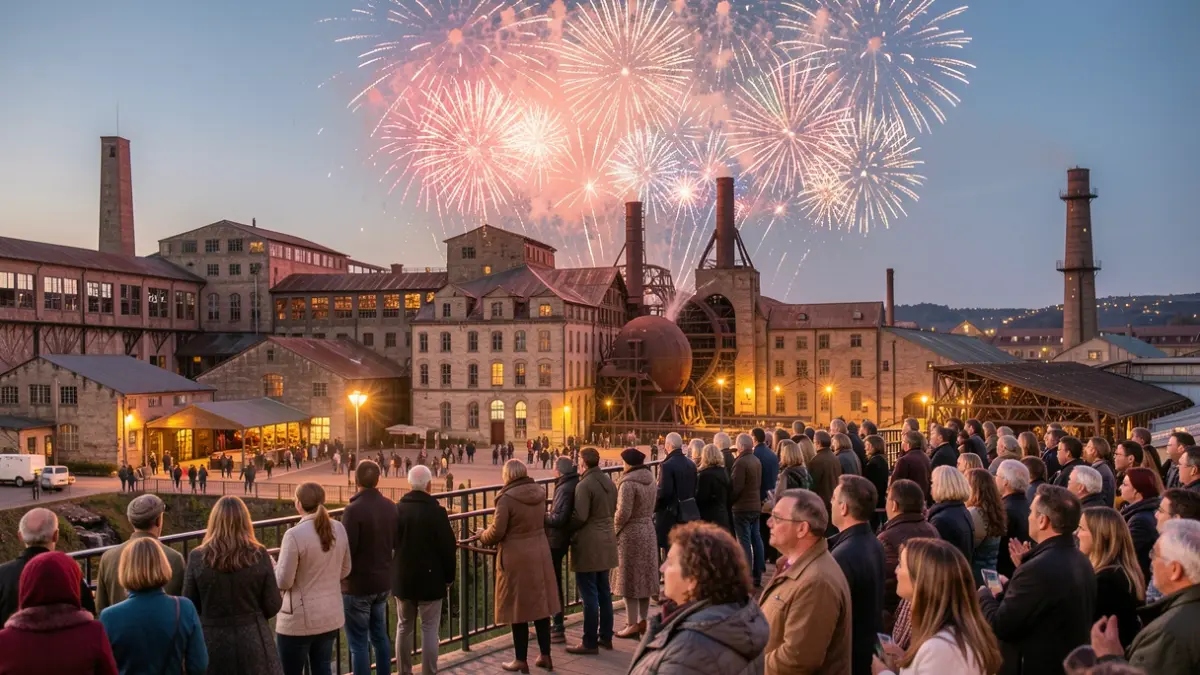 Image générique d'un site industriel patrimonial avec un haut-fourneau et une foule observant un feu d'artifice.
