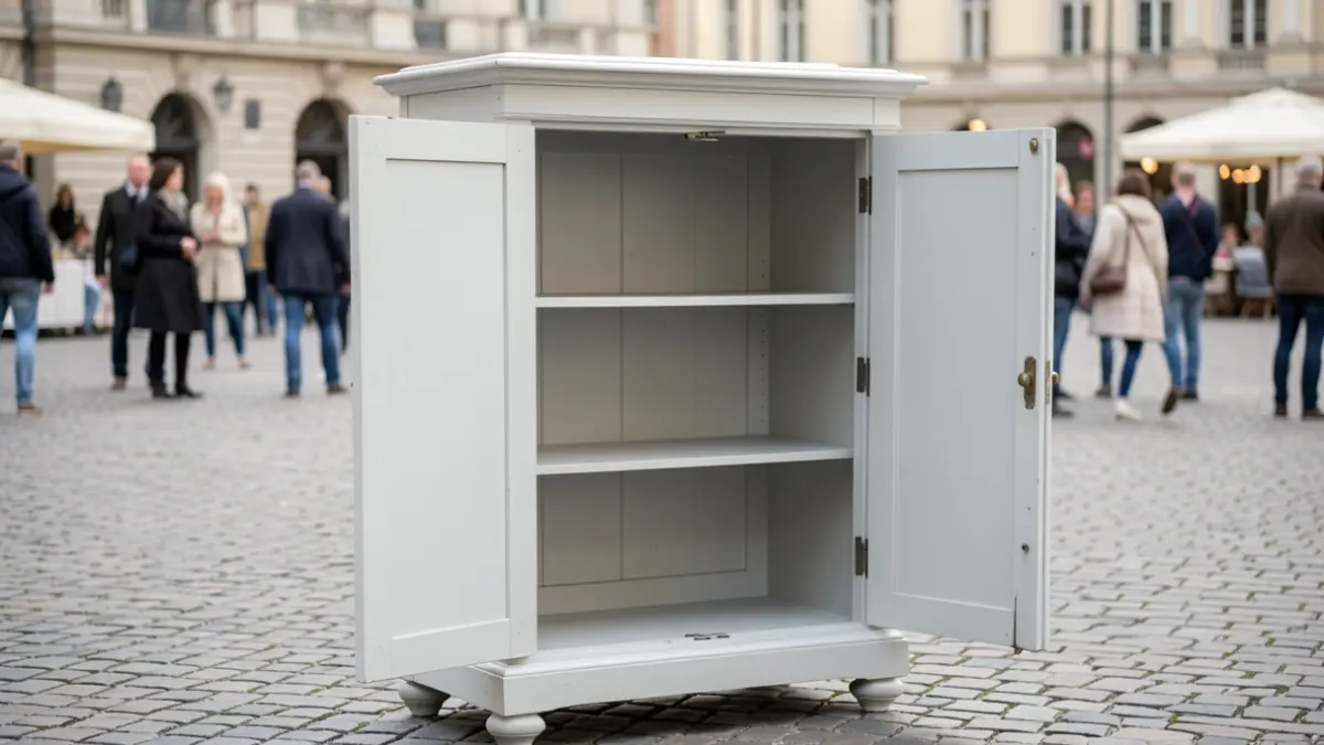 Image générique d'une armoire en bois propre et fraîchement peinte, portes ouvertes, située sur une place publique pavée, lumière du jour douce, faible profondeur de champ. L'accent est mis sur l'armoire.