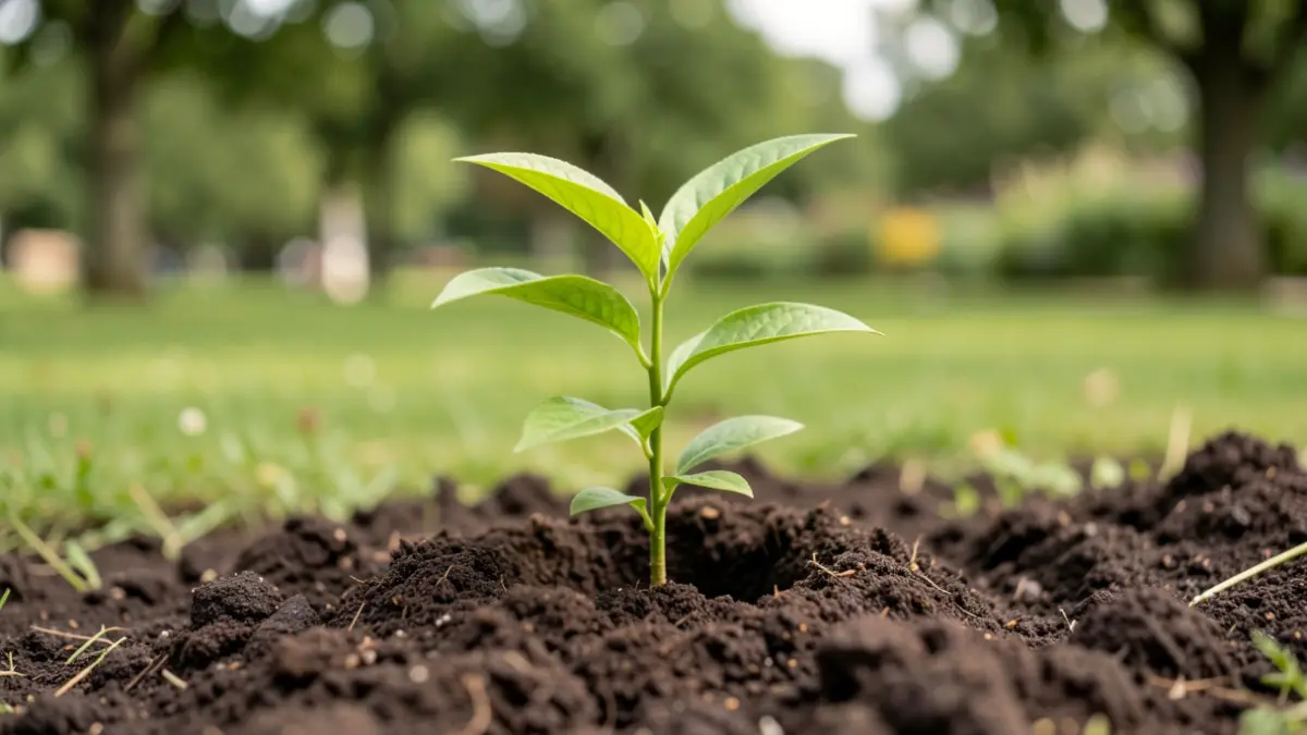Image générique de jeune arbre planté dans un sol riche, avec un arrière-plan flou de parc ou de jardin en Wallonie, lumière naturelle douce.