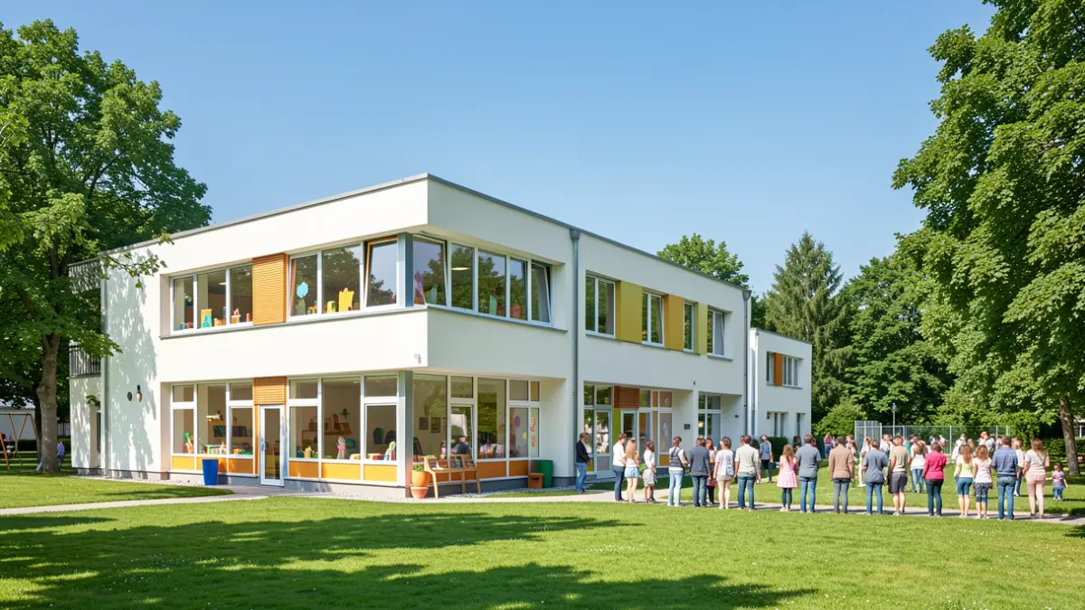 Image générique d'un bâtiment d'école maternelle moderne et lumineux, entouré de verdure.