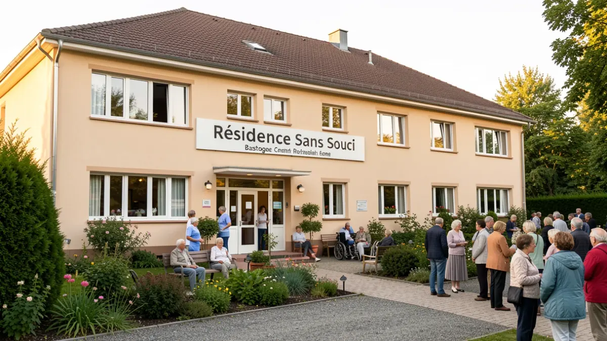 Image de la Résidence Sans Souci à Bastogne, une maison de repos communale, avec des résidents et du personnel dans le jardin.