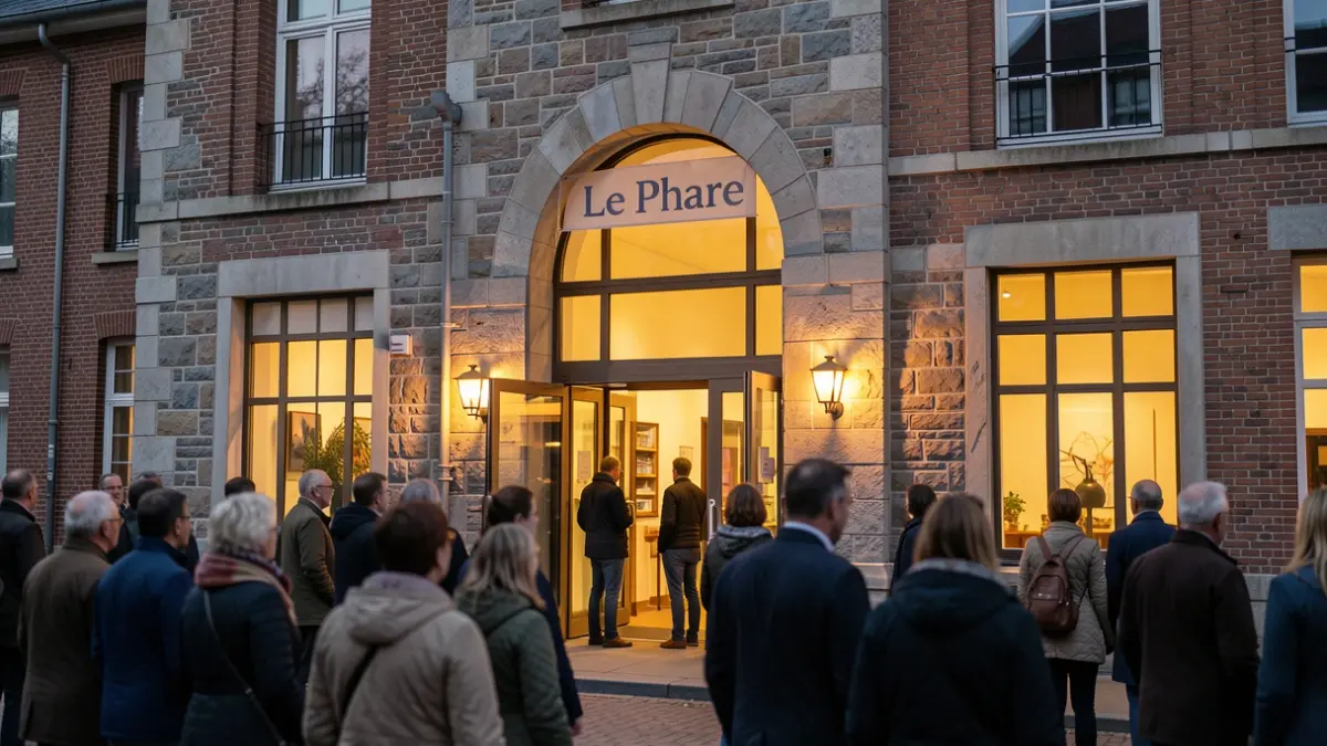 Facade of the 'Le Phare' cultural center in Andenne, Belgium, illuminated by evening light. The building is made of stone and brick, with large windows. A few blurred figures are seen near the entrance.