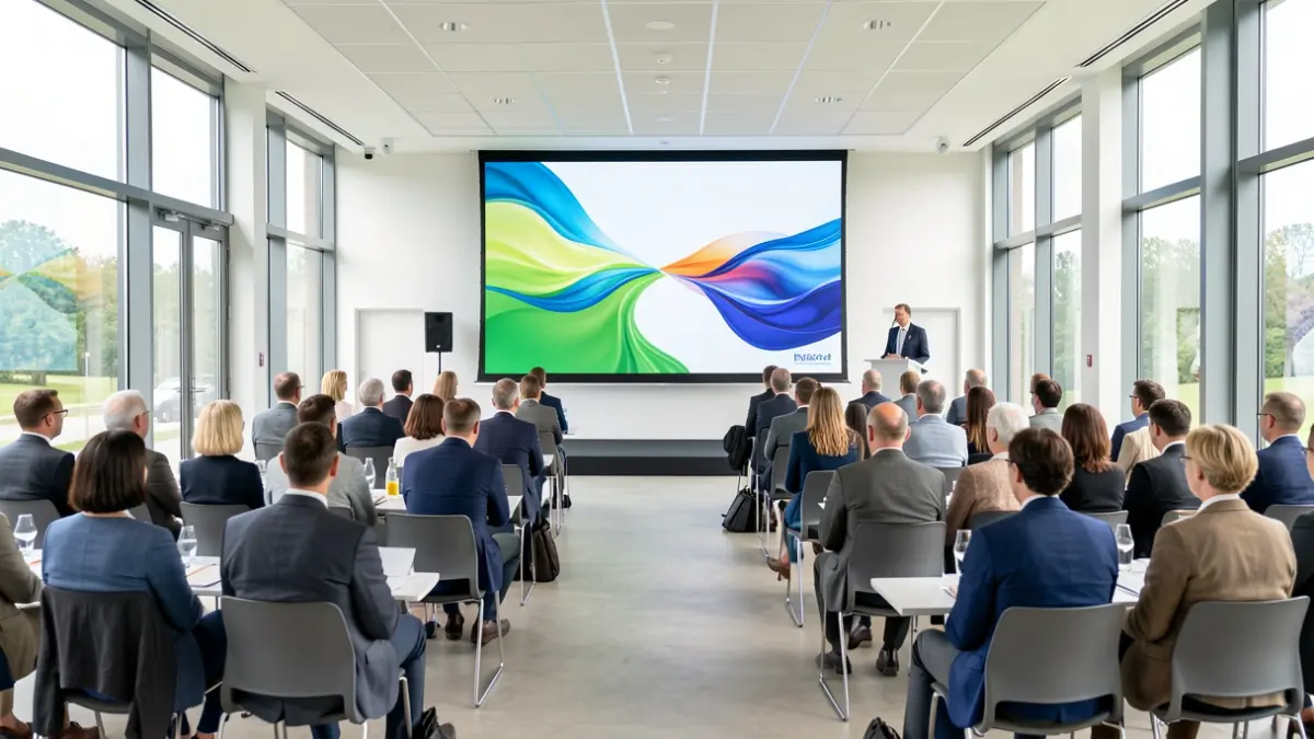 Generic image of a modern event hall in Wallonia, with a presentation screen and seating.