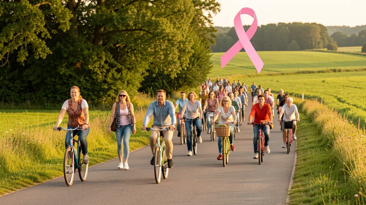 Image générique de personnes marchant et faisant du vélo dans un paysage verdoyant, avec un symbole de ruban rose.