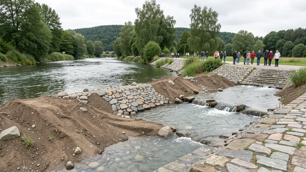 Generic image of engineered riverbanks in Wallonia, featuring low-water berms and stone blocks.