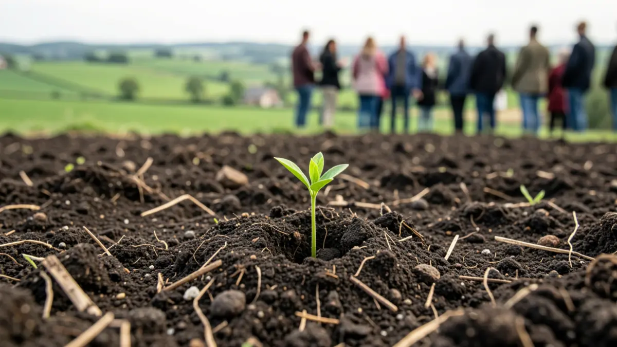 Generic image of healthy soil with a young sprout, in a Walloon landscape.