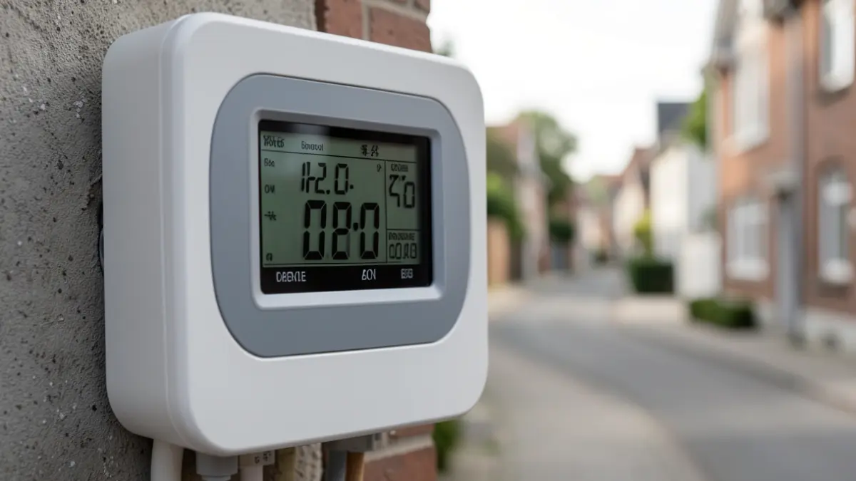 Compteur électrique intelligent affichant des données de consommation d'énergie dans une rue résidentielle de Wallonie.