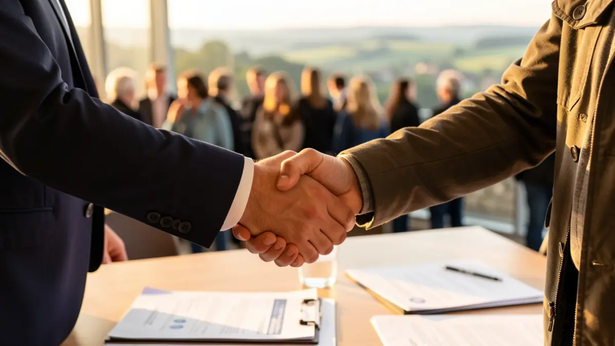 Handshake between two businessmen over a table with documents, blurred Walloon landscape in the background.