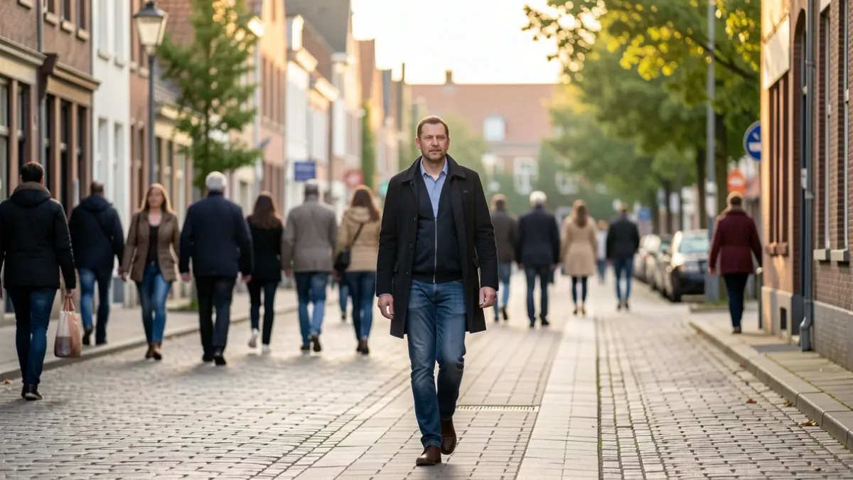 Image générique d'une personne marchant dans une rue de commune belge, environnement urbain, fin d'après-midi.