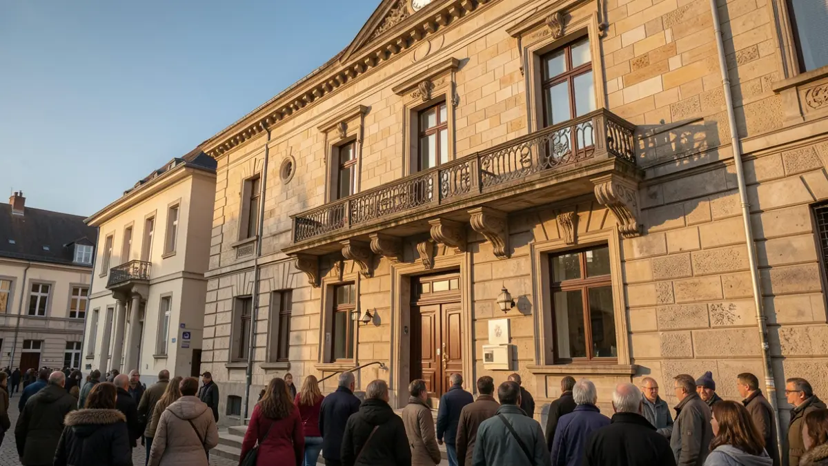 Image générique de la façade d'un bâtiment communal en Wallonie, avec un balcon orné, sous le soleil de fin d'après-midi.