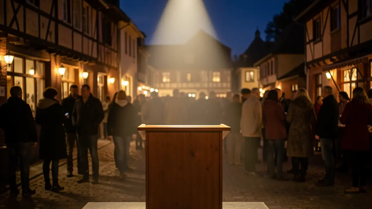 Image générique d'une cérémonie de remise de prix dans un centre culturel en Wallonie, avec un podium vide éclairé et des silhouettes de personnes en arrière-plan.
