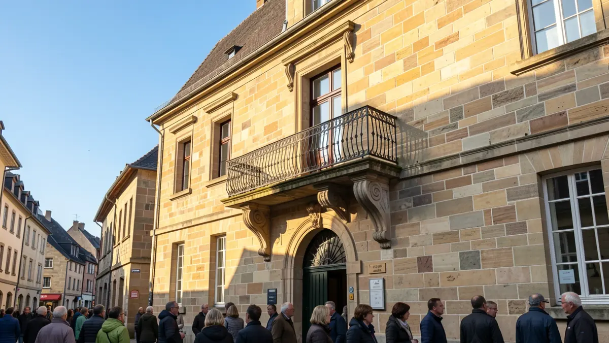 Façade d'un hôtel de ville en pierre de style traditionnel wallon avec balcon orné et balustrade en fer forgé, baignée par la lumière chaude du soleil d'après-midi.