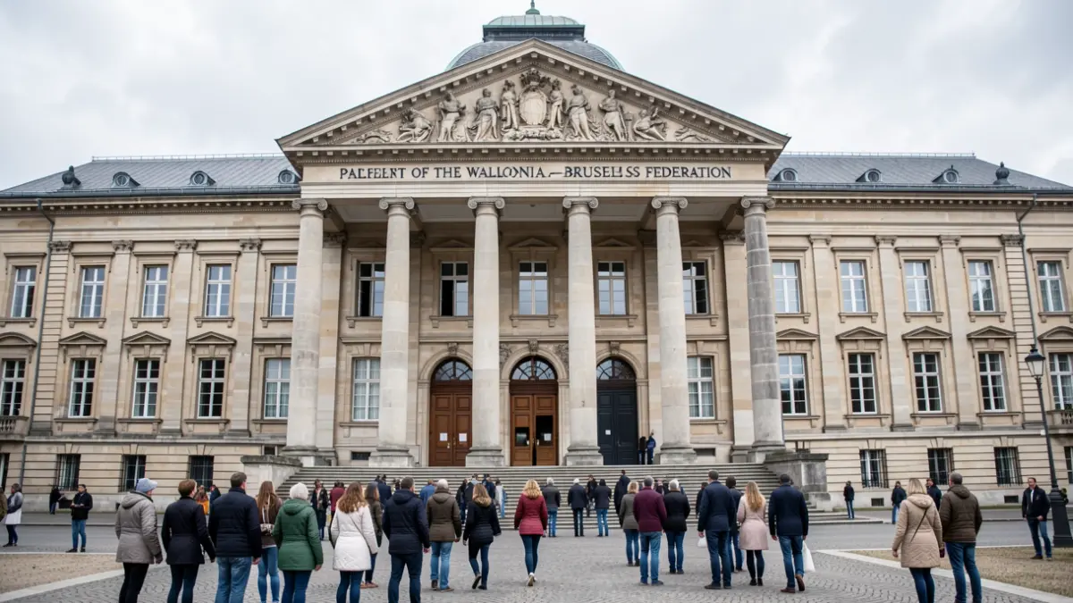 Facade of the Parliament of the Wallonia-Brussels Federation building in Namur, under a cloudy sky.