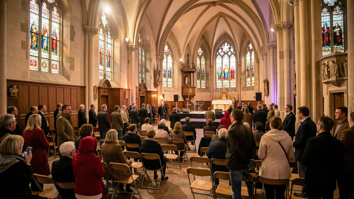 Intérieur d'une église historique en Wallonie transformée en salle de spectacle temporaire avec scène et gradins.