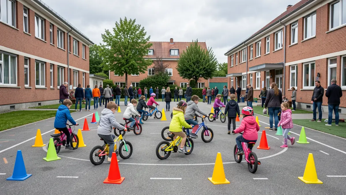 Image générique d'enfants participant à des activités de mobilité douce dans une cour d'école en Wallonie.