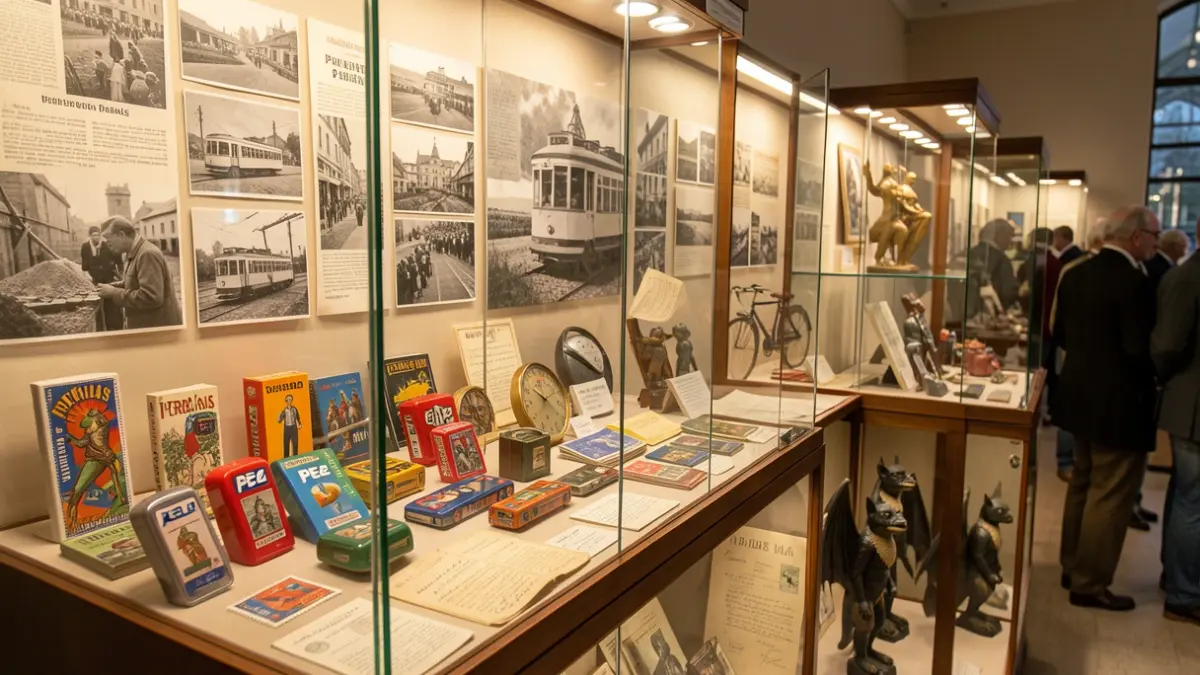 Image générique de diverses collections exposées dans des vitrines, avec des documents historiques en arrière-plan.