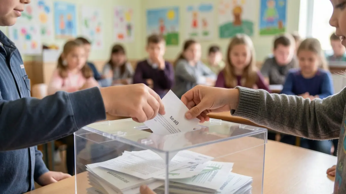 Image générique de mains d'enfants déposant des bulletins dans une urne transparente, avec un arrière-plan flou de salle de classe.